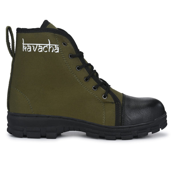Kavacha Canvas & Leather Steel Toe Safety Shoe , S66 Boots For Men (Green) (Sale@349)